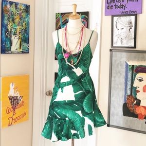 Tropical Leaf Print Spaghetti Strap Dress